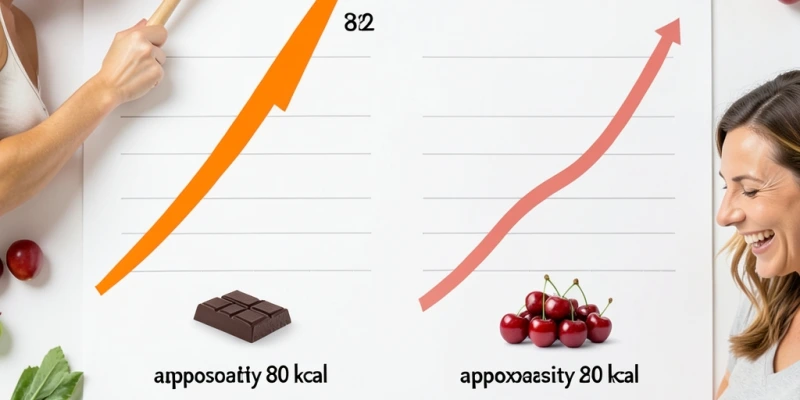 Vergleich zweier Blutzuckerkurven – links steiler Anstieg nach Schokoriegel, rechts flacher Verlauf nach 150 g Kirschen – beide mit gleichem Kaloriengehalt ca. 80 kcal