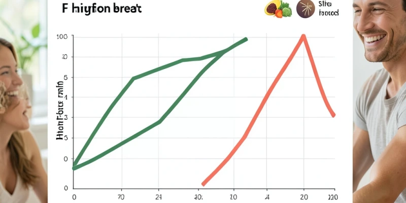 Vergleich zweier Blutzuckerkurven über vier Stunden: flache Kurve nach Vollkornbrot mit Protein, steiler Anstieg und Absturz nach Weißbrot – visualisiert als Liniendiagramm