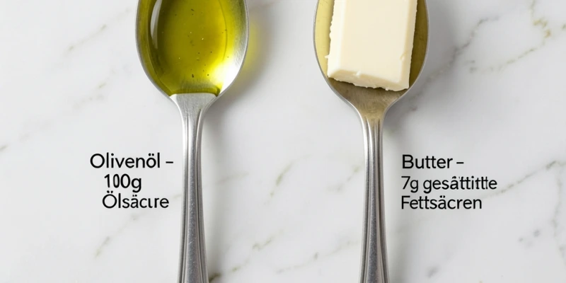 Vergleich zweier Fettsäure-Quellen: Ein Esslöffel Olivenöl (~14g Fett, davon ~10g Ölsäure) neben einem Esslöffel Butter (~14g Fett, davon ~7g gesättigte Fettsäuren) – gleiche Menge Fett, unterschiedliche Zusammensetzung