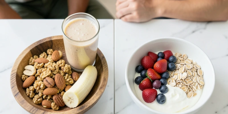Vergleich zweier Frühstücke: links ein „Clean"-Frühstück mit Granola, Nüssen, Banane und Mandelmilch – ca. 680 kcal; rechts ein Frühstück mit Quark, Beeren und Haferflocken – ca. 350 kcal. Gleiche Kategorie, sehr unterschiedliche Energiemenge.