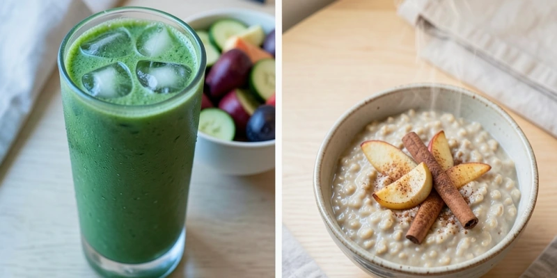 Vergleich zweier Frühstücke: links ein Smoothie mit Eiswürfeln und Rohkost, rechts ein warmer Haferbrei mit gedünsteten Äpfeln und Zimt – beide ähnlich kalorisch, aber nach TCM unterschiedlich für den Erde-Typ