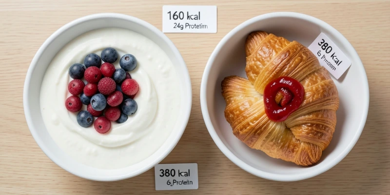 Vergleich zweier Frühstücksschalen: links 200 g Magerquark mit 100 g Beeren (~160 kcal, ~24 g Protein), rechts ein Croissant mit Marmelade (~380 kcal, ~6 g Protein) – gleicher Sättigungsanspruch, fast dreifacher Kalorienunterschied