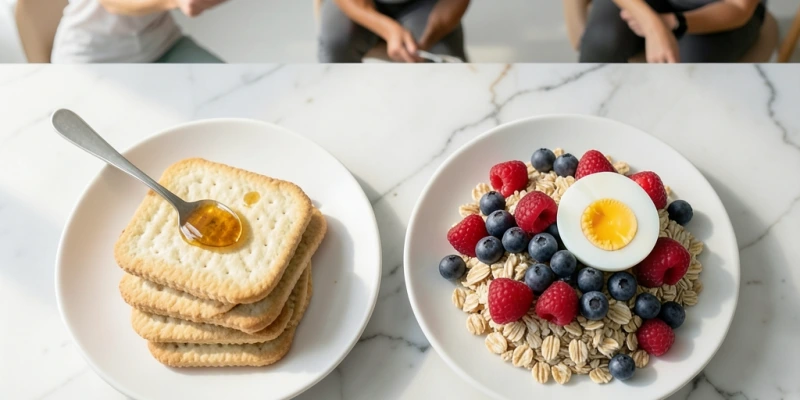 Vergleich zweier Frühstücksteller: links vier Scheiben Zwieback mit einem Teelöffel Honig, rechts eine Portion Haferflocken mit Beeren und einem gekochten Ei – ähnliche Kalorienmenge, erkennbarer Unterschied in Volumen und Proteindichte