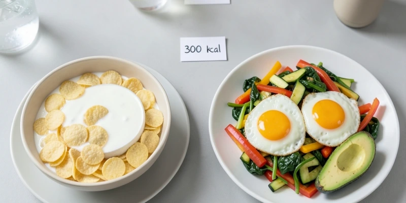 Vergleich zweier Frühstücksteller: links 60 g Cornflakes mit fettarmer Milch, rechts 2 Eier mit 150 g Gemüse und einer halben Avocado – gleiche Kalorienmenge, sehr unterschiedliche Insulinreaktion