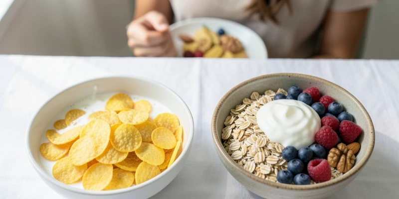 Vergleich zweier Frühstücksteller: links 60g Cornflakes mit Magermilch, rechts 40g Haferflocken mit 150g Skyr, Beeren und einer Handvoll Nüssen – gleiche Portion, unterschiedlicher Blutzuckereffekt