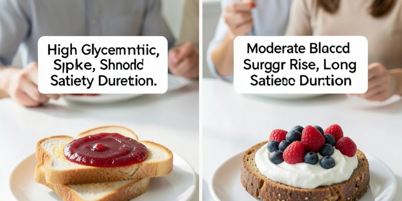 Vergleich zweier Frühstücksteller: links 60 g Weißtoastbrot mit Marmelade, rechts 60 g Vollkornbrot mit 100 g Skyr und einer Handvoll Beeren – Beschriftung zeigt geschätzten Blutzuckeranstieg und Sättigungsdauer