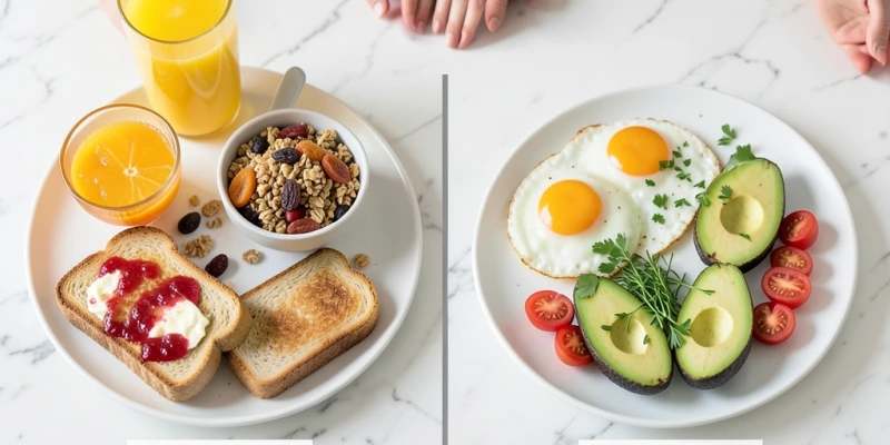 Vergleich zweier Frühstücksteller: links klassisch (Orangensaft, Müsli, Toast) mit sichtbarer Kohlenhydratangabe ca. 90 g, rechts Low-Carb (Eier, Avocado, Tomaten) mit ca. 8 g Kohlenhydraten – gleiche Kalorienmenge, sehr unterschiedlicher Kohlenhydratgehalt