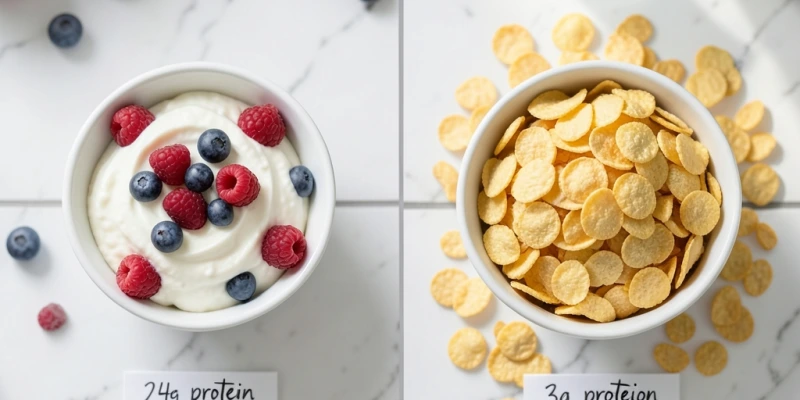 Vergleich zweier Frühstücksvarianten: 200 g Magerquark mit Beeren (24 g Protein, ca. 150 kcal) vs. 200 g Cornflakes mit Wasser (ca. 3 g Protein, ca. 730 kcal) – gleiche Menge, völlig unterschiedliche Sättigungswirkung und Nährstoffdichte