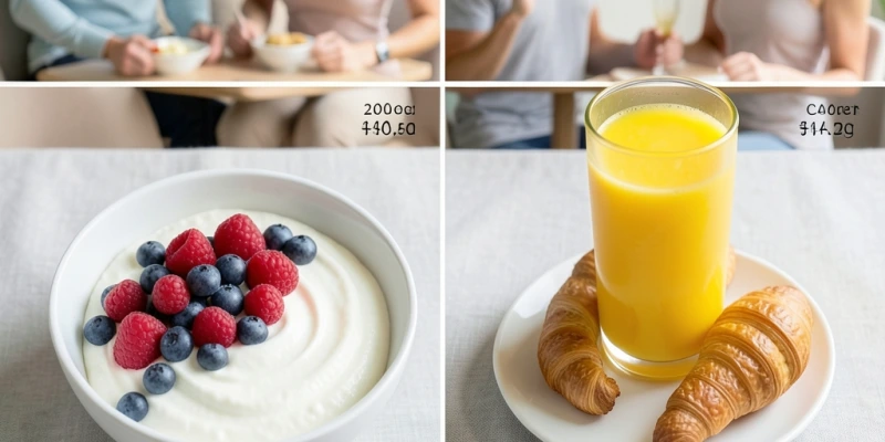 Vergleich zweier Frühstücksvarianten: 200 g Magerquark mit 80 g Beeren (ca. 170 kcal, 24 g Protein) vs. ein Glas Orangensaft und ein Croissant (ca. 400 kcal, 6 g Protein) – gleiche Mahlzeitgröße, sehr unterschiedliche Protein- und Kaloriendichte