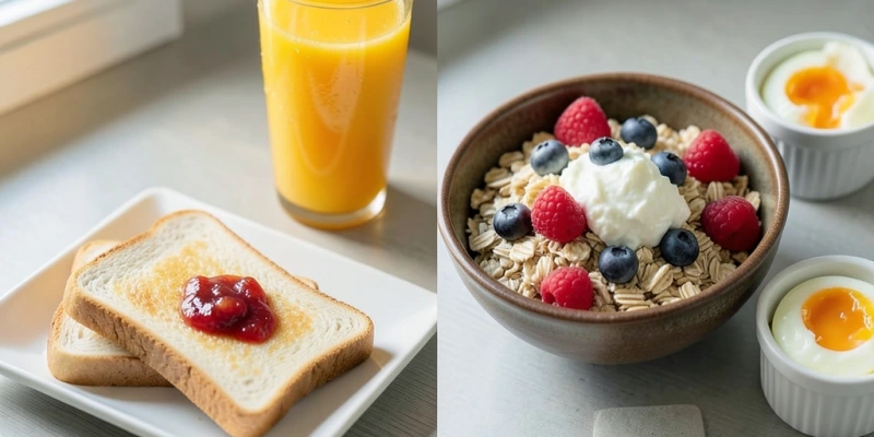 Vergleich zweier Frühstücksvarianten: Links Toastbrot mit Marmelade und Orangensaft; rechts Haferflocken mit Magerquark, Beeren und einem Ei – gleiche Uhrzeit, deutlich unterschiedliche Sättigungsdauer