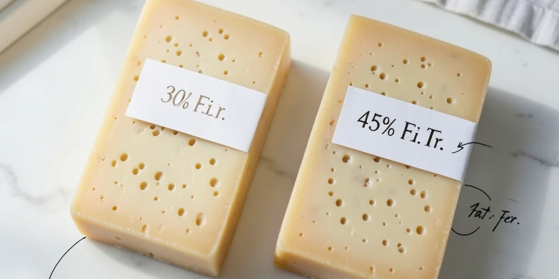 Vergleich zweier Käsescheiben: 30g Tilsiter 30% F.i.Tr. vs. 30g Tilsiter 45% F.i.Tr. – tatsächlicher Fettgehalt pro Portion sichtbar beschriftet