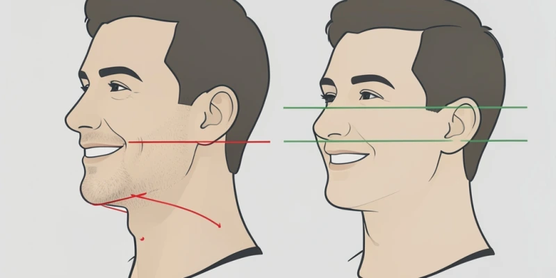 Vergleich zweier Kopfpositionen bei Rotation – links: Chin-Forward-Fehler mit nach vorne gedrücktem Kinn; rechts: korrekte Neutralposition mit geradem Blick – schematische Seitenansicht