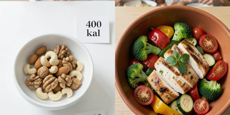 Vergleich zweier Mahlzeiten – 400 kcal in Form von 100g Nüssen (kleine Handvoll) vs. 400 kcal als große Gemüse-Hähnchen-Bowl (deutlich mehr Volumen) – gleiche Kalorienmenge, völlig unterschiedliches Sättigungsgefühl