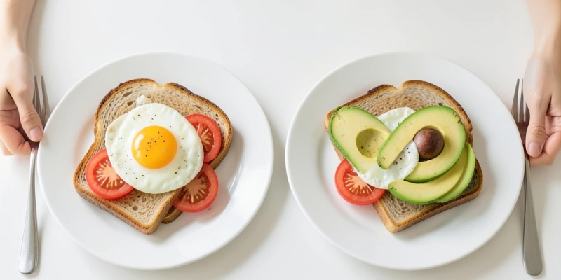Vergleich zweier Mahlzeiten auf dem Teller – Toast mit Ei und Tomate ohne Avocado vs. dieselbe Kombi mit halber Avocado – gleiche Grundzutaten, unterschiedlicher Fettgehalt und erwarteter Sättigungseffekt