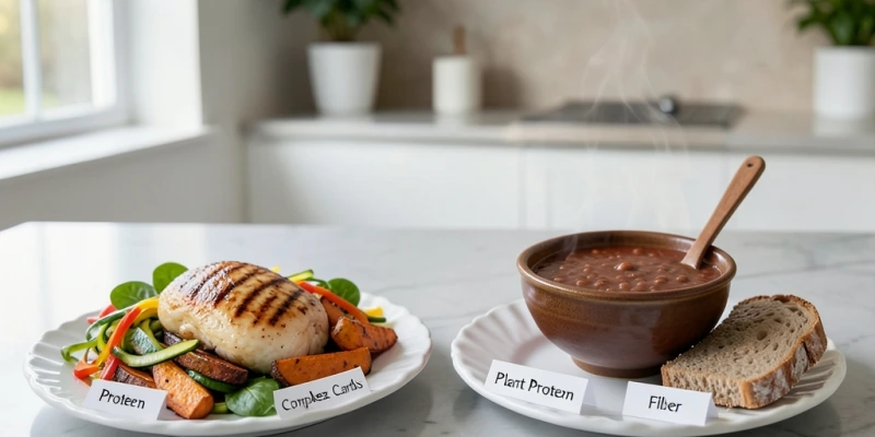 Vergleich zweier Mahlzeiten: links eine Paleo-Mahlzeit mit Hähnchenbrust, Süßkartoffel und gemischtem Gemüse; rechts eine Mahlzeit mit Linsensuppe und Vollkornbrot – beide nährstoffreich, mit Beschriftung der jeweiligen Hauptnährstoffquellen