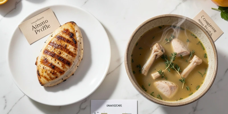 Vergleich zweier Mahlzeiten mit ähnlichem Proteingehalt: Hähnchenfilet pur vs. Suppe mit Hühnerteilen inklusive Haut und Knochen – mit Hinweis auf unterschiedliche Aminosäureprofile