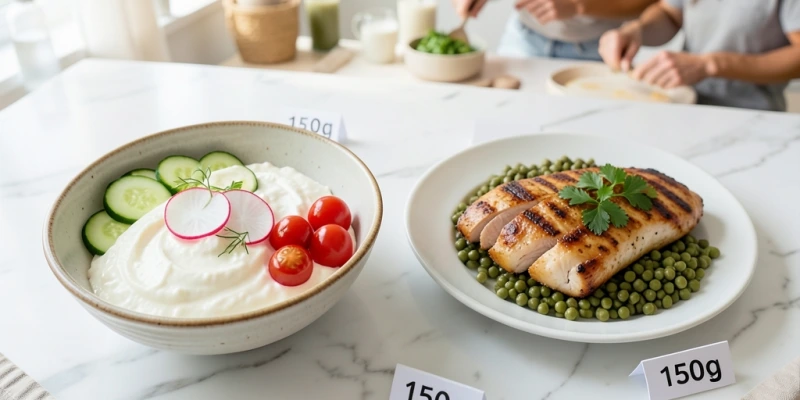 Vergleich zweier Mahlzeiten mit je ca. 25–30 g Protein: links ein Teller mit 150 g Hüttenkäse und Gemüse, rechts 100 g Hähnchenbrust mit 200 g Linsen – beides konkrete Portionsbeispiele für den Alltag