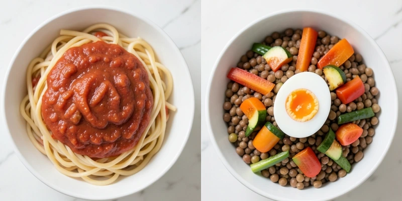 Vergleich zweier Mittagsteller: links Pasta mit Tomatensauce ohne Proteinquelle, rechts dieselbe Portionsgröße mit Linsen, Gemüse und einem Ei – Beschriftung der Sättigungsdauer und Blutzuckerverlauf skizziert
