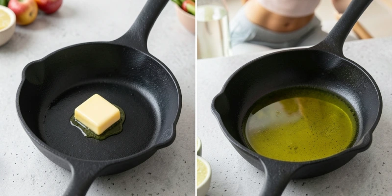 Vergleich zweier Pfannen: links mit Butter, rechts mit Olivenöl – gleiche Menge, Beschriftung: „Ähnliche Kalorienzahl, aber unterschiedliches Fettsäureprofil"