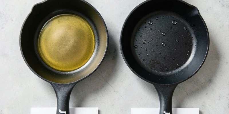 Vergleich zweier Pfannen von oben – links mit sichtbarem Ölfilm (ca. 14 g Öl), rechts mit 2 EL Wasser – mit Kalorienangaben pro Brat-Einheit unter dem Bild