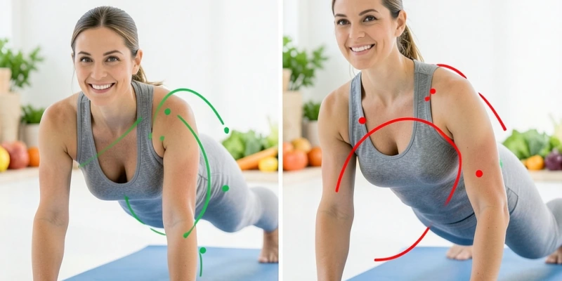 Vergleich zweier Pilates-Plank-Positionen: korrekte Neutralhaltung der Wirbelsäule vs. durchgedrücktes Hohlkreuz – mit markierten Körperpunkten