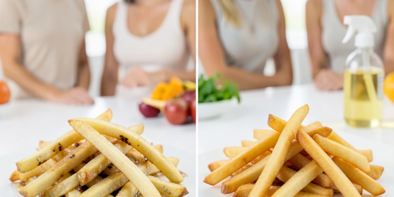 Vergleich zweier Portionen Airfryer-Pommes – links mit zu viel Öl übergossen (fettig, ungleichmäßig), rechts gleichmäßig besprüht (goldbraun, trocken)