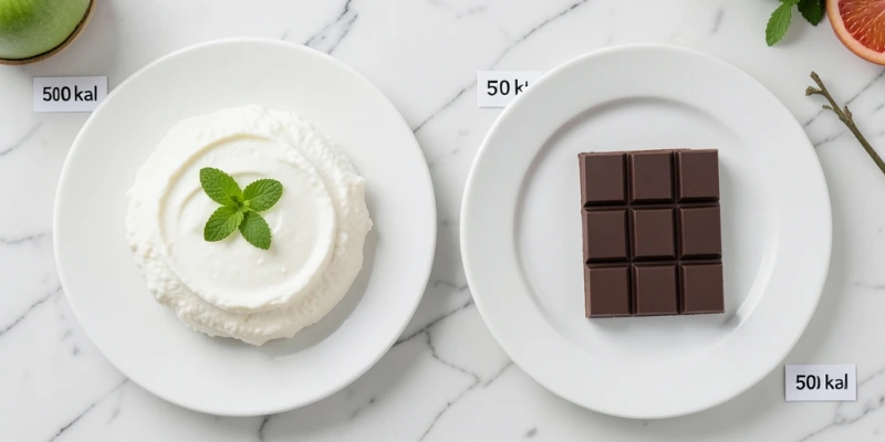 Vergleich zweier Portionen mit je ca. 500 kcal: 500 g Hüttenkäse auf Teller links, 75 g Schokolade auf Teller rechts – gleiche Kalorien, sichtbar unterschiedliches Volumen und Sättigungspotenzial