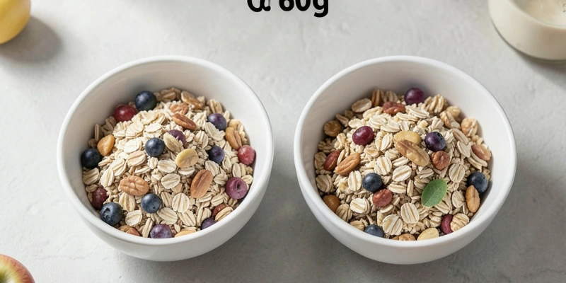 Vergleich zweier Portionen Müsli – 60 g (empfohlene Portionsgröße, gemessen) vs. eine typische Schüsselportion ohne Waage (ca. 100–120 g) – visuell ähnlich, kalorisch deutlich verschieden
