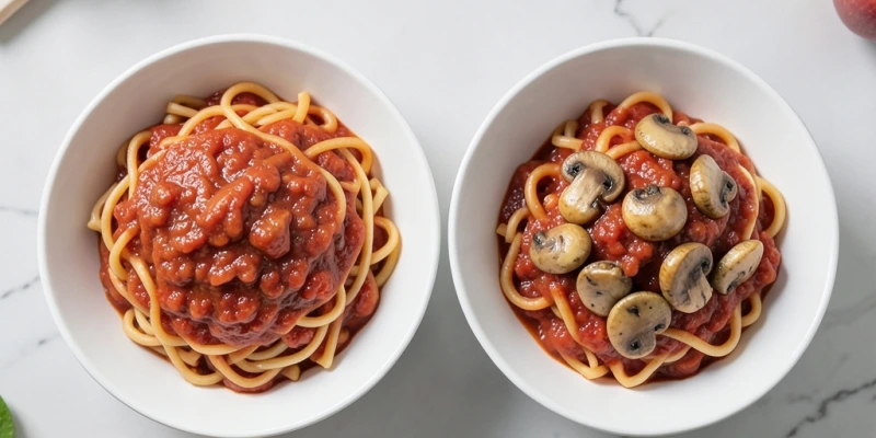 Vergleich zweier Portionen Pasta-Pfanne: einmal 300g Nudeln mit Tomatensauce, einmal 200g Nudeln mit 150g Pilzen und Tomatensauce – gleiche Schüssel, ähnliches Sättigungsgefühl, deutlich weniger Kalorien