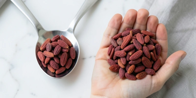 Vergleich zweier Portionsgrößen getrockneter Goji-Beeren: ein Esslöffel (ca. 10–15g) vs. eine gehäufte Handvoll (ca. 50–60g) – visuelle Darstellung des Kalorienunterschieds ohne Zahlenangaben im Bild