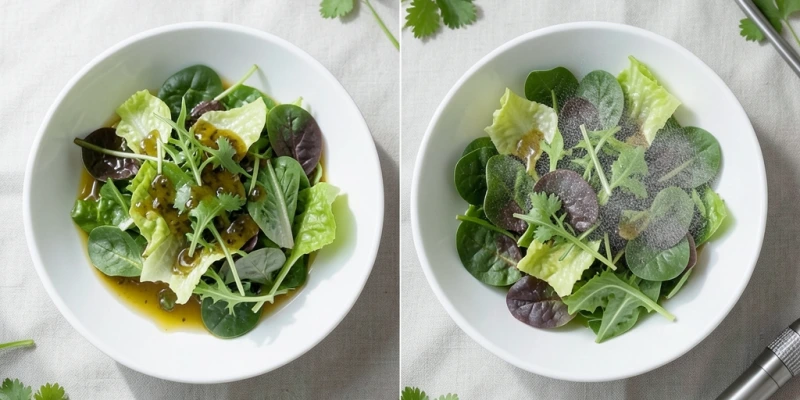 Vergleich zweier Salatschüsseln nebeneinander – links mit klassisch gegossenem Dressing, rechts fein besprüht mit einem Ölsprüher, beide sehen ähnlich glänzend aus
