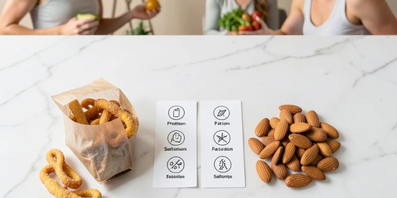 Vergleich zweier Snack-Optionen: Links eine Tüte Salzgebäck (30 g), rechts eine Handvoll Mandeln (30 g) – mit Angabe von Protein, Fett und Sättigungsdauer
