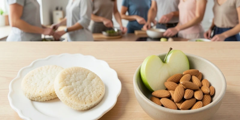 Vergleich zweier Snack-Optionen nebeneinander: Reiskuchen pur vs. Apfel mit 20 g Mandeln – ähnliche Größe, aber deutlich unterschiedliche Makronährstoffzusammensetzung
