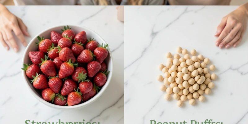 Vergleich zweier Snack-Portionen mit ähnlichem Kaloriengehalt: 200 g Erdbeeren (~64 kcal) vs. 20 g Erdnussflips (~108 kcal) – gleiche Kalorienzahl, dramatisch unterschiedliches Volumen und Sättigungsgefühl