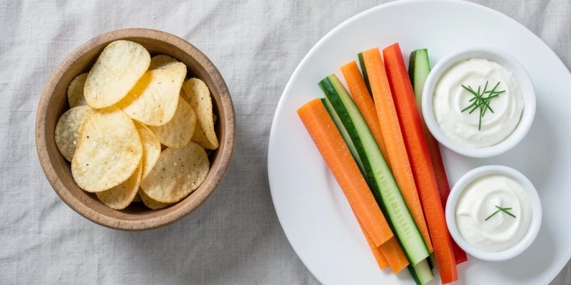 Vergleich zweier Snackportionen: links eine Handvoll Chips (~150 kcal, 1 g Eiweiß), rechts 150 g Gemüsesticks mit 150 g Magerquark-Dip (~130 kcal, 18 g Eiweiß) – gleicher Hunger-Moment, sehr unterschiedliche Wirkung auf Sättigung