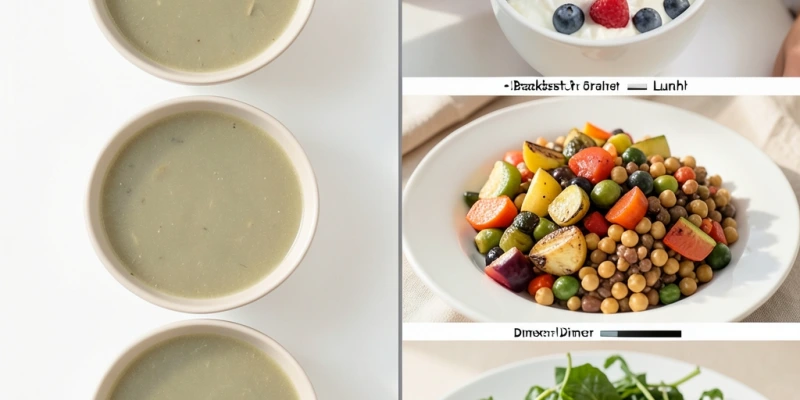 Vergleich zweier Tagesmenüs nebeneinander: Links eine Monodiät (dreimal Kohlsuppe, ca. 600 kcal gesamt, kaum Protein), rechts eine ausgewogene Wochentag-Mahlzeit (Frühstück mit Quark und Beeren, Mittagessen mit Gemüse und Hülsenfrüchten, Abendessen mit Fisch) – gleiche oder niedrigere Kalorienzahl, deutlich mehr Protein und Mikronährstoffbreite