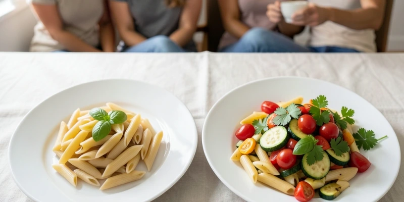 Vergleich zweier Teller – 200 g Nudeln pur vs. 200 g Nudeln mit 150 g Gemüse und frischen Kräutern. Gleiches Hauptlebensmittel, deutlich unterschiedliches Volumen und Farbe.