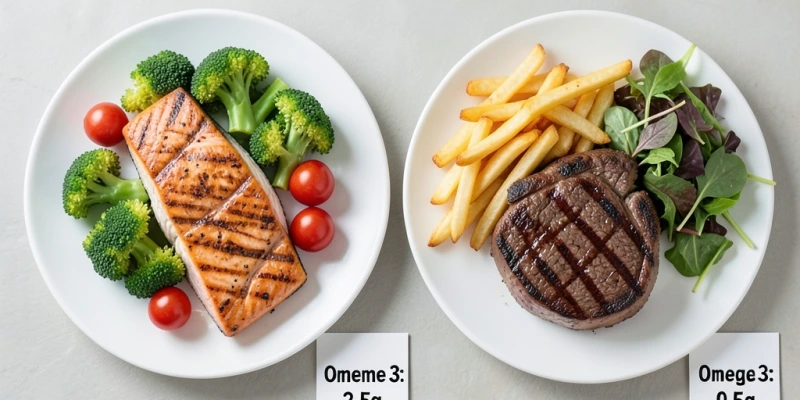 Vergleich zweier Teller: fetter Seefisch (Lachs) mit Gemüse vs. typische Fleischmahlzeit – Beschriftung zeigt den Omega-3-Gehalt beider Optionen