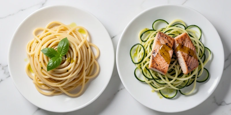Vergleich zweier Teller – links: 200 g gegarte Pasta (ca. 56 g Kohlenhydrate), rechts: 200 g Zucchini-Nudeln mit Lachs und Olivenöl (ca. 4 g Kohlenhydrate) – gleiches Volumen, sehr unterschiedliche Kohlenhydratmenge