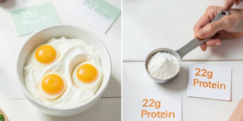 Vergleich zweier Teller: links 200g Quark + 2 Eier = ca. 35g Protein, rechts 1 Messlöffel Wheyprotein (30g) = ca. 22g Protein – mit Kostenangabe pro Portion