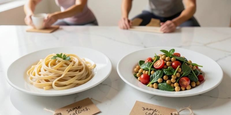 Vergleich zweier Teller: links eine typische Mahlzeit mit hauptsächlich Kohlenhydraten (Pasta pur), rechts eine ausgewogene Mahlzeit mit Pasta, Hülsenfrüchten und Gemüse – gleiche Kalorienmenge, unterschiedlicher Nährstoffgehalt