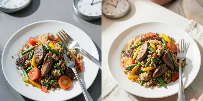 Vergleich zweier Teller: Mahlzeit in 7 Minuten heruntergeschlungen vs. dieselbe Mahlzeit in 15 Minuten mit Pausen – Symbolbild mit Uhr und Besteck