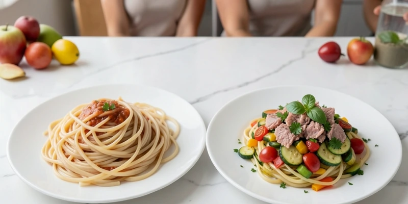 Vergleich zweier Teller mit „Pasta mediterran": links 200 g Nudeln mit etwas Tomatensauce (kaum Protein, wenig Volumen außerhalb der Nudeln); rechts 80 g Nudeln mit 150 g gebratenem Gemüse, 120 g Thunfisch und frischen Kräutern – mehr Volumen, mehr Protein, weniger Gesamtkalorien