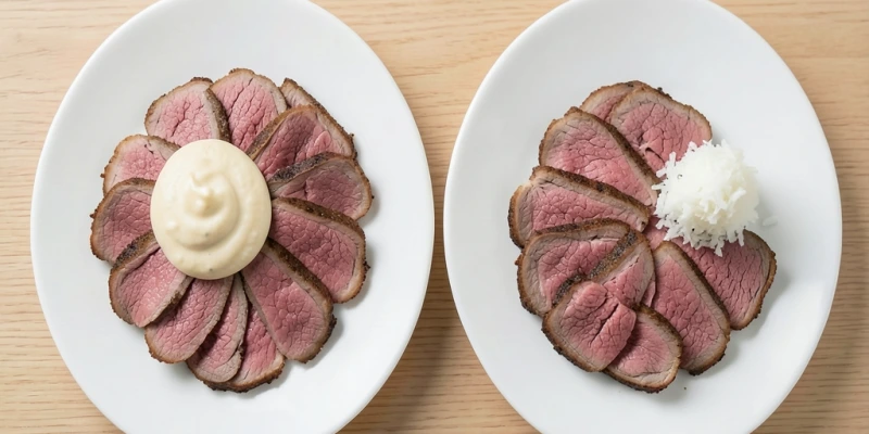 Vergleich zweier Teller mit Tafelspitz: einer mit klassischer Sahnecreme-Beilage (~80 kcal/EL), einer mit frisch geriebenem Meerrettich (~6 kcal/EL) – gleiche Funktion, stark unterschiedliche Kalorienlast