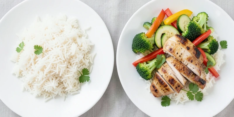 Vergleich zweier Teller – Mittagessen mit Weißreisgericht ohne Gemüse vs. gleichem Gericht mit 150 g Gemüse und 100 g Hähnchenbrust – gleiche Portionsgröße optisch, unterschiedliche Nährstoffzusammensetzung