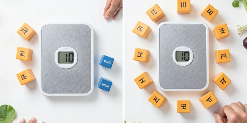 Vergleich zweier Wiegeergebnisse: Person A verliert 10 kg, davon 7 kg Fett und 3 kg Muskeln. Person B verliert 10 kg, davon 9 kg Fett und 1 kg Muskeln. Gleiche Zahl auf der Waage – sehr unterschiedliche Körperzusammensetzung.