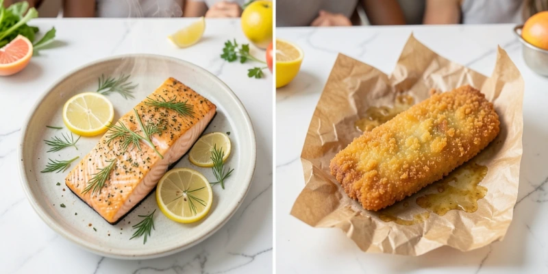 Vergleich zweier Zubereitungen von Lachs – links: Lachsfilet mit Kräutern aus dem Ofen, rechts: panierter Fisch aus der Fritteuse; Kalorienangabe je 100g darunter als Balken