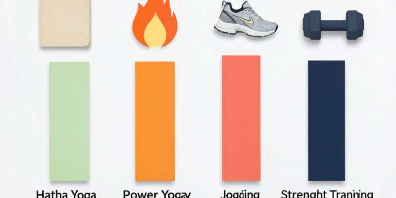 Vergleichsgrafik Kalorienverbrauch pro Stunde: Hatha-Yoga ca. 150–200 kcal, Power-Yoga ca. 300–400 kcal, Joggen ca. 500–600 kcal, Krafttraining ca. 250–400 kcal – alle Werte für 70 kg Körpergewicht