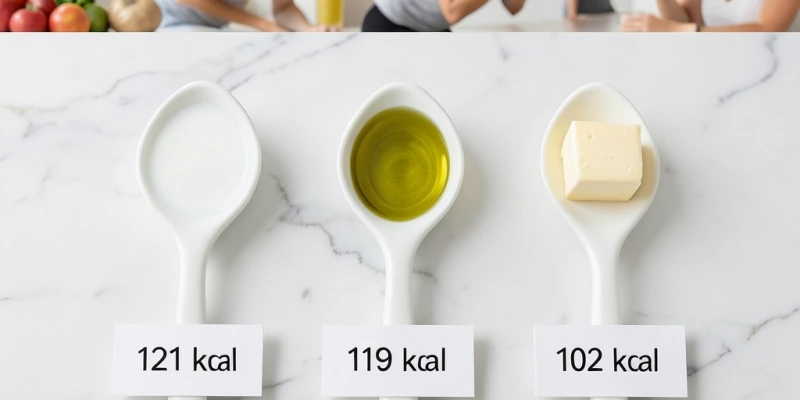 Vergleichstabelle: 1 EL Kokosöl, 1 EL Olivenöl, 1 EL Butter – Kalorienangaben nebeneinander, optisch auf Augenhöhe