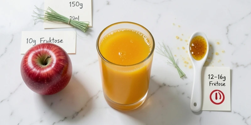 Vergleichstabelle: Apfel (150g) – ca. 10g Fruktose, hoher Ballaststoffgehalt, Matrix intakt. Orangensaft (200ml) – ca. 10g Fruktose, kaum Ballaststoffe, Matrix aufgelöst. Agavensirup (1 EL, 20g) – ca. 12–16g Fruktose, keine Ballaststoffe, hochkonzentriert
